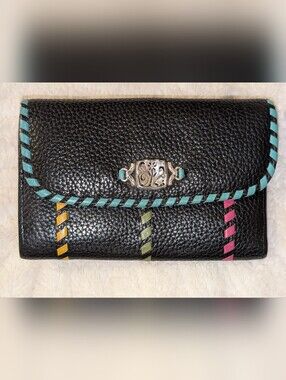 Brighton Leather Wallet with Turquoise Trim and Colorful Stitching